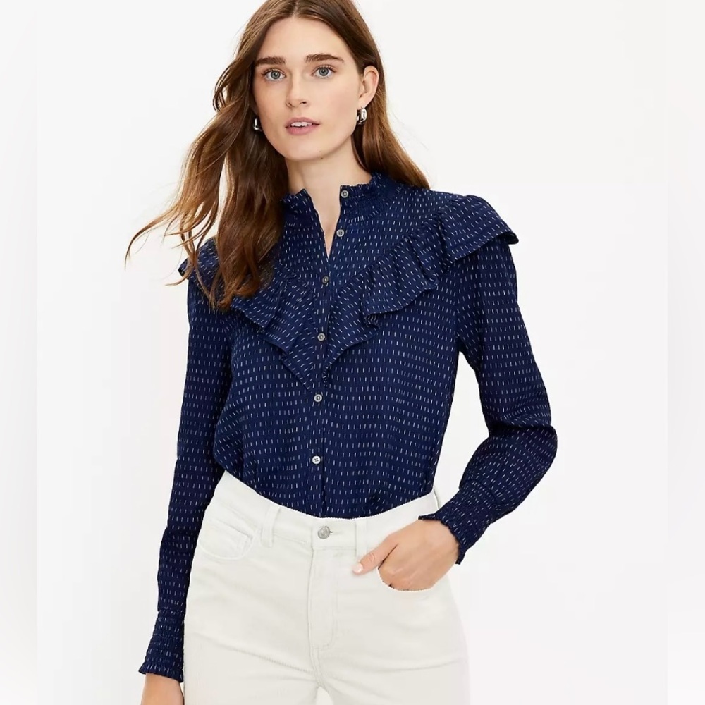 Loft size M Dobby Ruffle Yoke Shirt western Victorian collar blouson sleeves